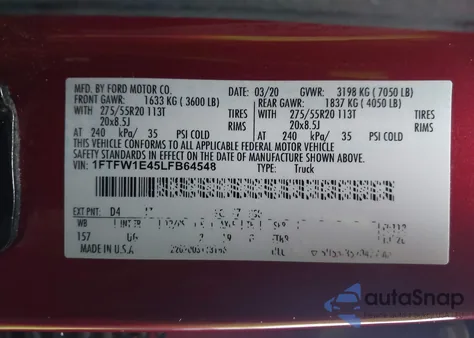 2020 Ford F-150 Xlt from USA, damaged, VIN 1FTFW1E45LFB64548